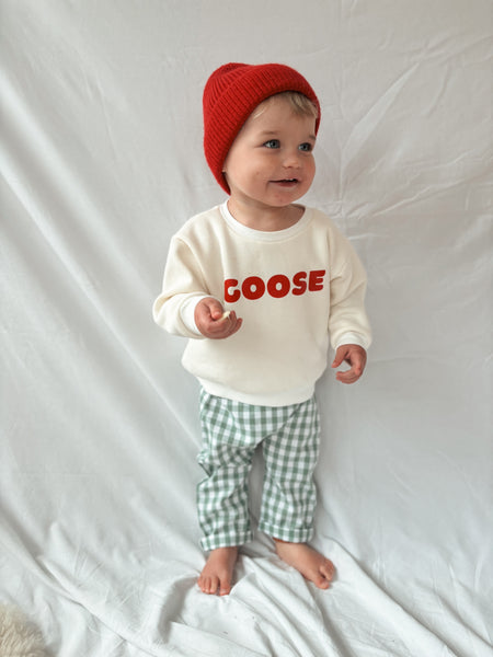 baby boy wearing sage green gingham trousers - Sadie:Baby UK